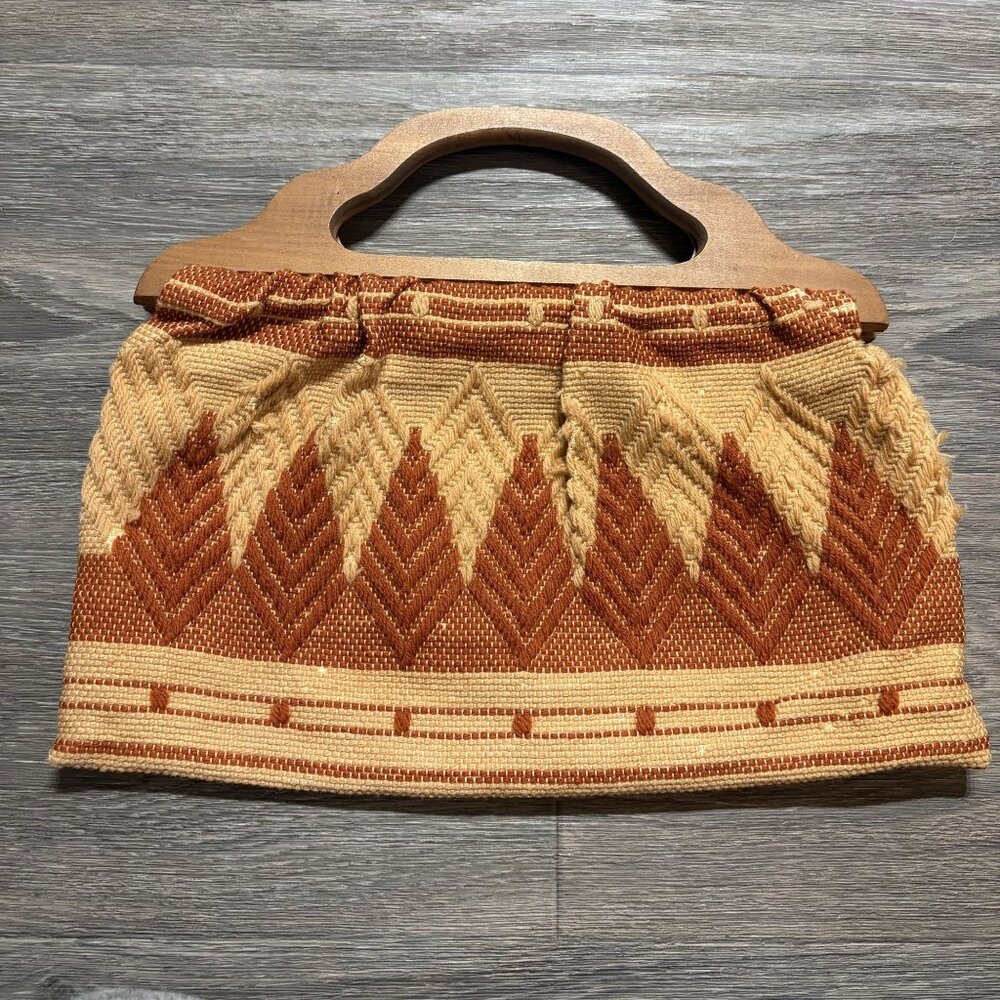 Vintage Woven Fabric Clutch Wooden Top Handles Geometric Earth Tones 70s Boho - Picture 8 of 8